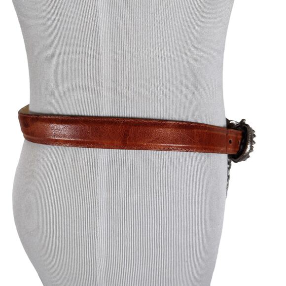 Vintage RJ Graziano Brown Leather Belt Silver Filigree Buckle Swag Chain L main image 10